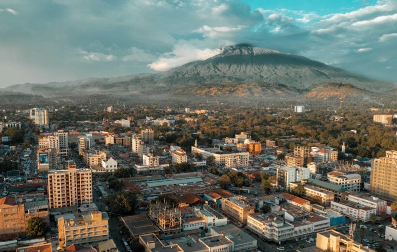 Aerial view of Arusha City in front of Mount Meru, Tanzania