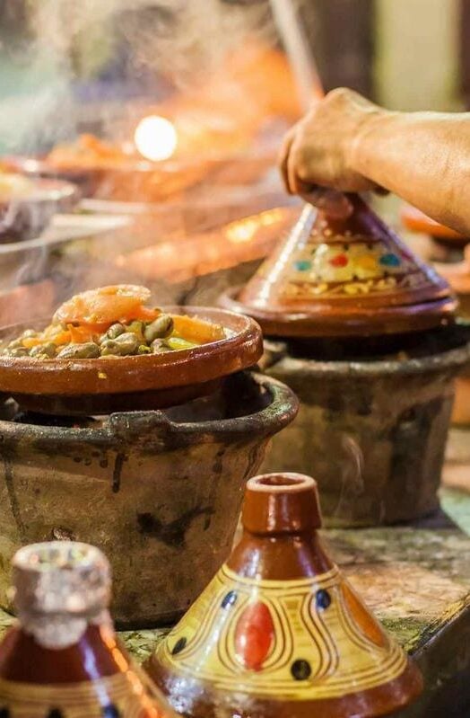 A selection of very colorful Moroccan tajines (traditional casserole dishes)