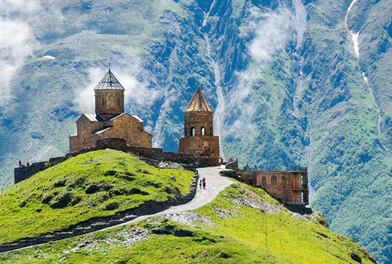 Gergeti Trinity Church in Georgia - a beautiful church against a dramatic mountain backdrop