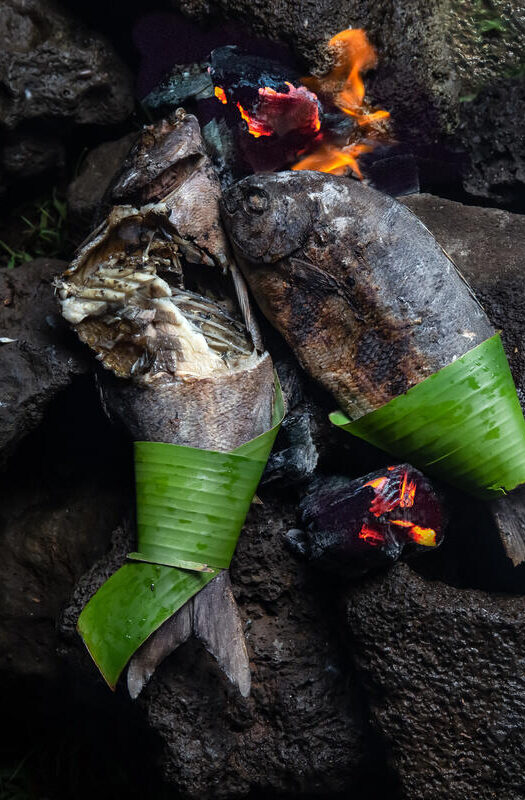 Easter Island food. Local fish prepared on hot stones.