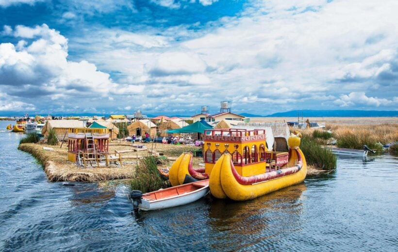 Uros floating islands on Titicaca lake in Puno, Peru