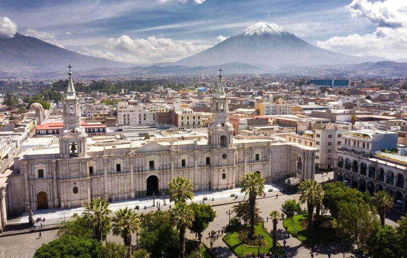 Aerial drone view of Arequipa main square and cathedral church