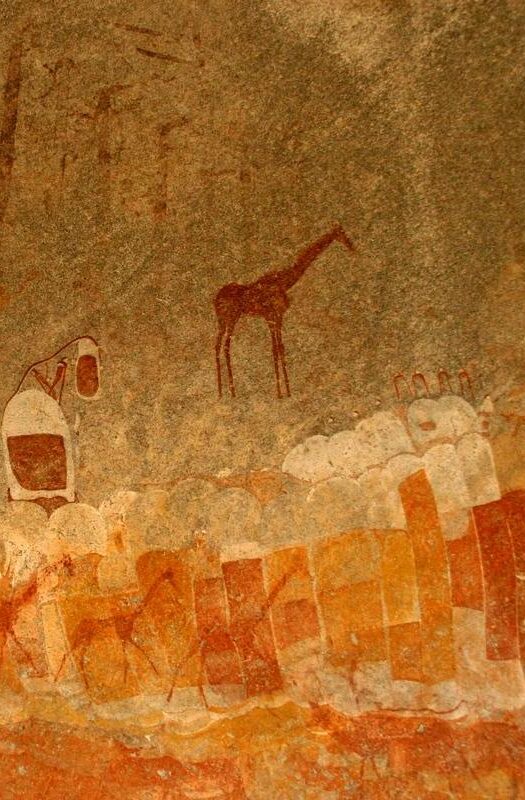 Ancient rock painting of human figures and antelopes, giraffe in Zimbabwe