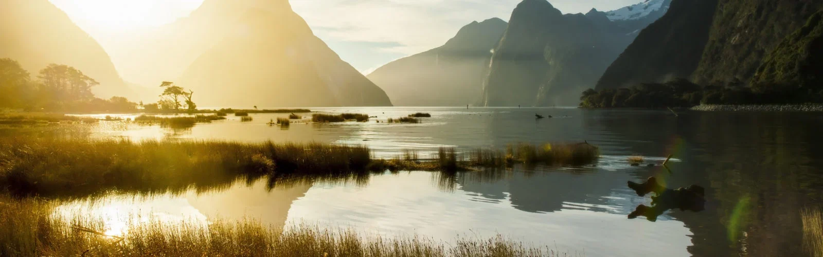 The sun setting over the Milford Sound