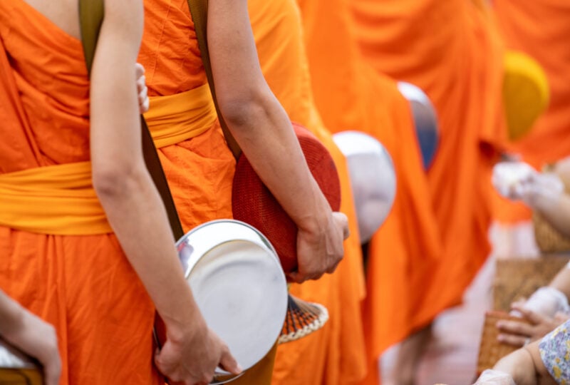 Buddhist monks at an alms giving ceremony in Luang Prabang, Laos