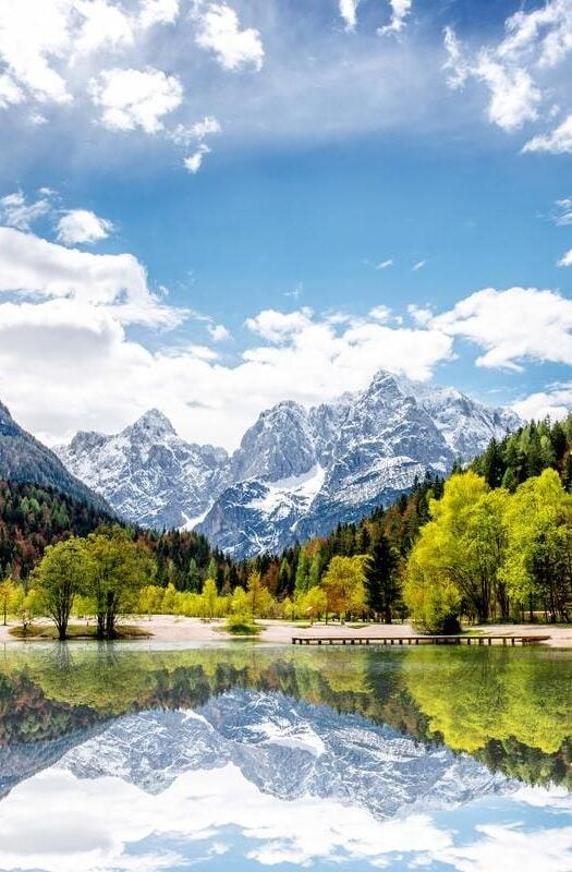 Beautiful landscape view with snowed up mountains in Triglav national park in Slovenia.