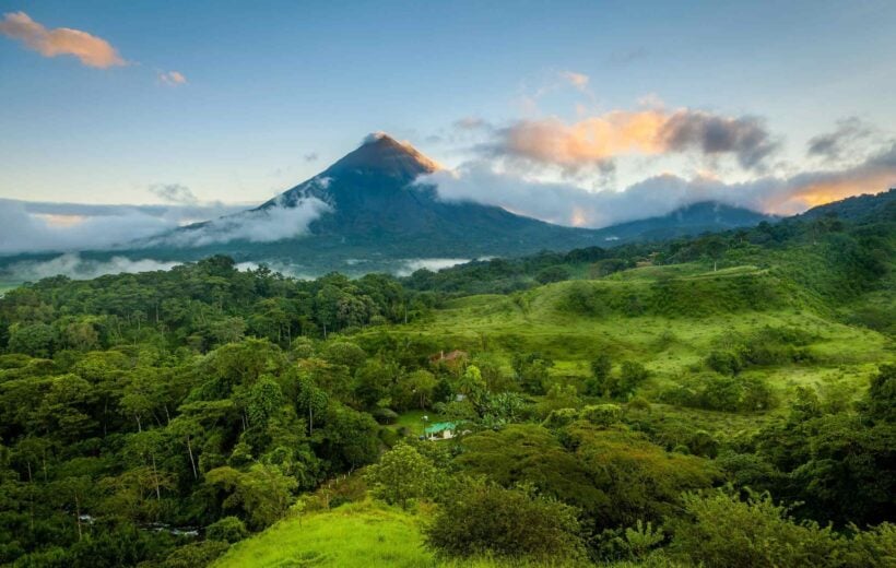 Scenic view of Arenal Volcano in central Costa Rica at sunrise