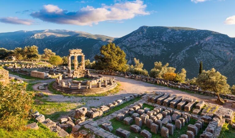 Ruins of the Temple of Athena Pronaia in ancient Delphi, Greece