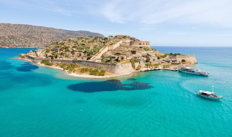 Top view of Spinalonga island with calm sea. Here were lepers humans with the Hansen's disease, gulf of Elounda, Crete, Greece.