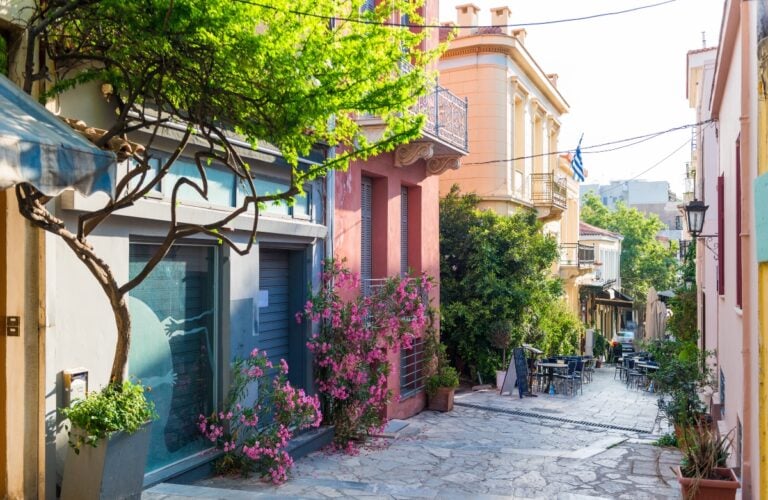 Old narrow street in Anafiotika, Plaka district, Athens, Greece.