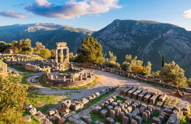 Ruins of the Temple of Athena Pronaia in ancient Delphi, Greece