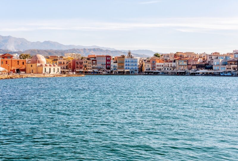 View on old Venetian harbor in Chania city on Crete island, Greece.