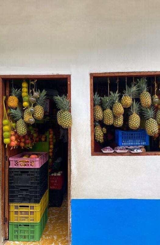 Fruit Shop Displaying Hanging Pineapples and Assorted Produce in Colombia