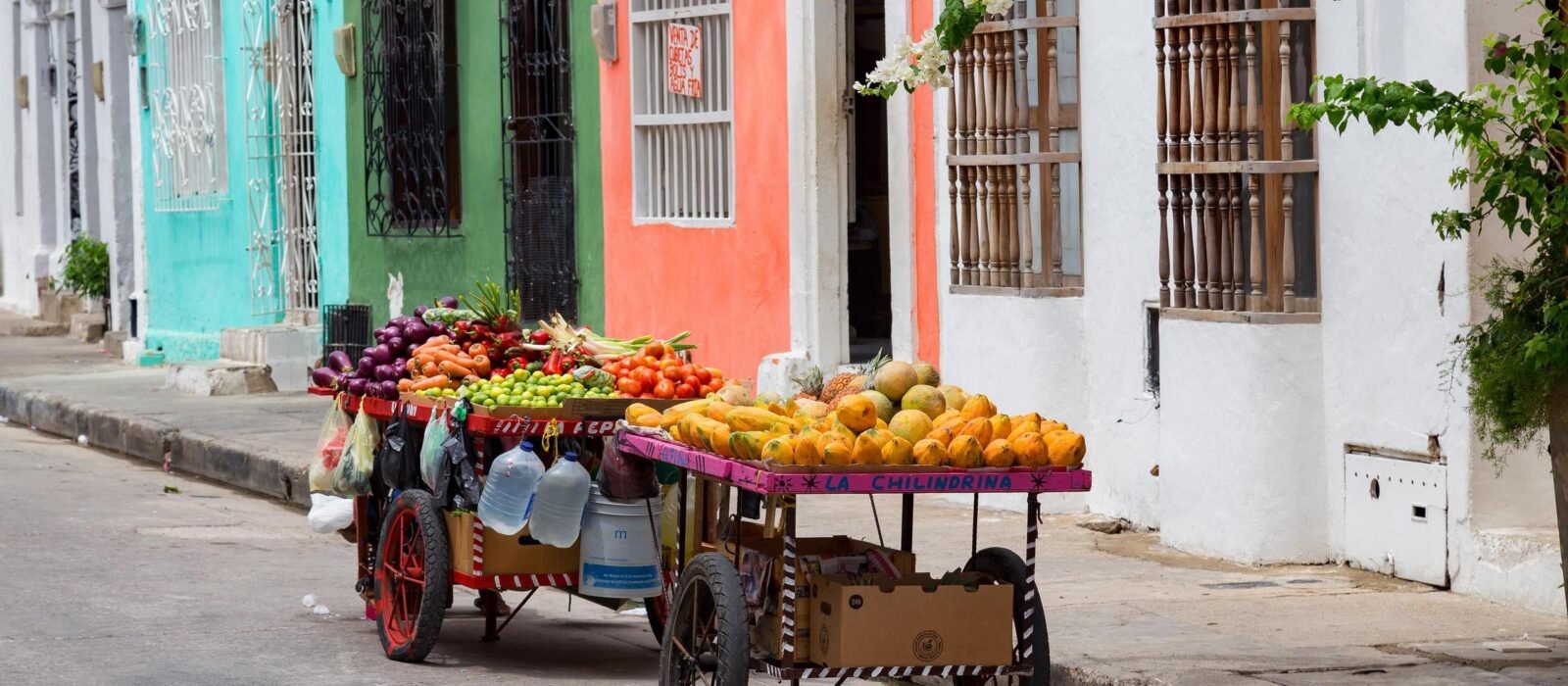 Portable fruit carts on the street by rainbow coloured buildings