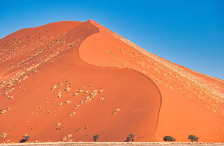 Large red sand dune against brilliant blue sky