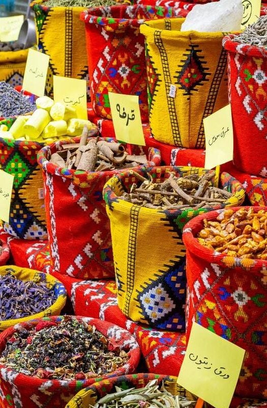 Exotic Spices in the Old Souq of Mutrah, Oman. Traditional Bazaar with Ingredients of Omani Cuisine.