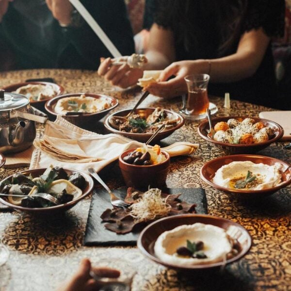 Sharing a meal of traditional Middle Eastern dishes