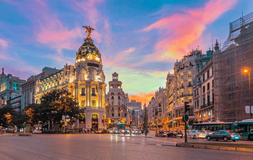 The Madrid city skyline at night