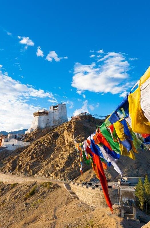 Prayer flags on a mountain in Ladakh, India