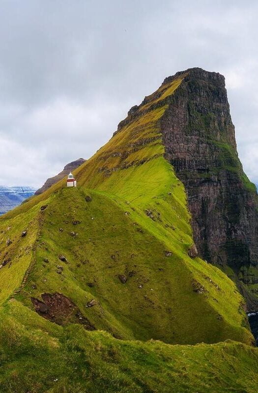 A small lighthouse on a cliff in the Faroe Islands