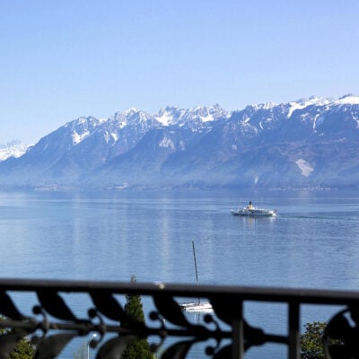 A steam boat on Lake Geneva seen from Beau-Rivage Palace, Switzerland