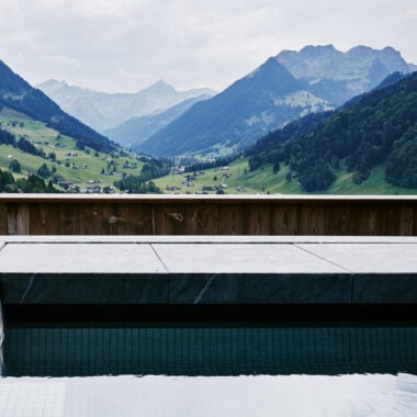 The view from the rooftop pool at The Alpina in Gstaad, Switzerland