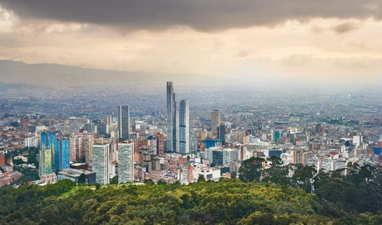 Skyscrapers in the city of Bogota, Colombia on misty rainy day