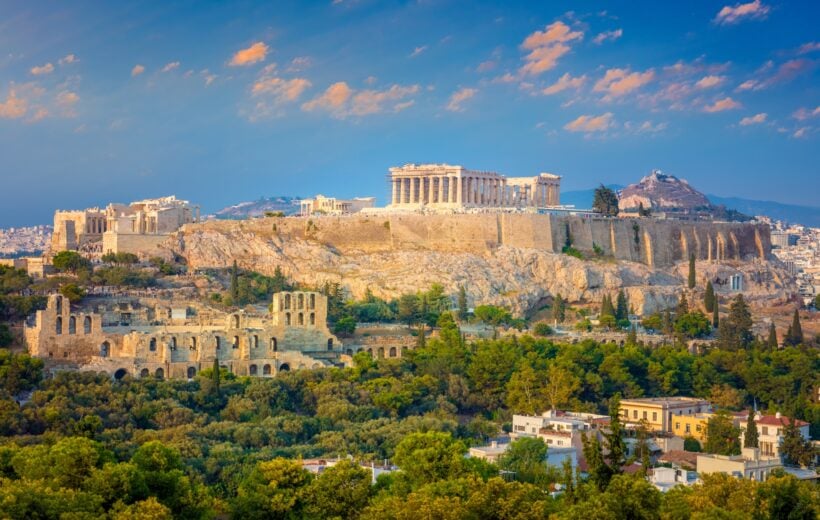 Famous place - The Acropolis of Athens, Greece, with the Parthenon Temple during sunset time, European travel