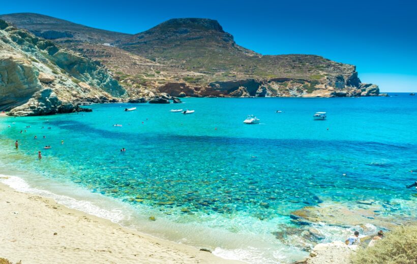 Folegandros, Greece, 12 June 2022: The amazing Agali beach