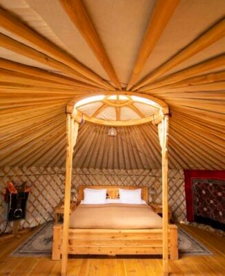 A bedroom at Three Camel Lodge in the Gobi Desert, Mongolia