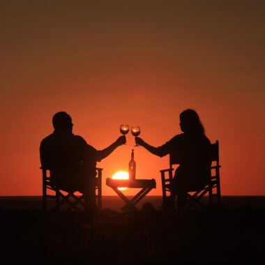 Sundowners at sunset at Three Camel Lodge in the Gobi Desert, Mongolia