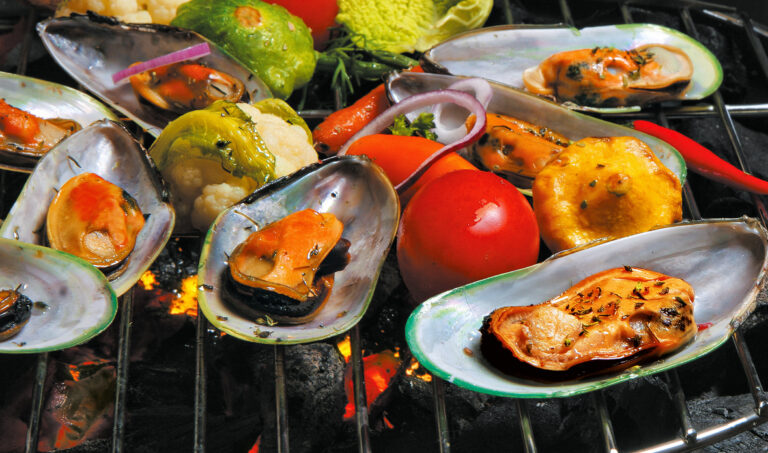 New Zealand Grilled Mussels with vegetables on the grill on a black background