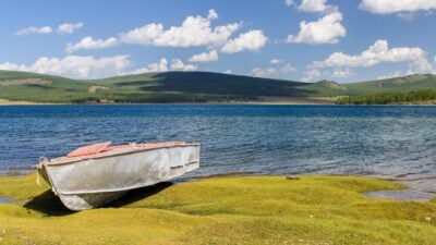 A rowing boat on the shores of Lake Khovsgol, Mongolia