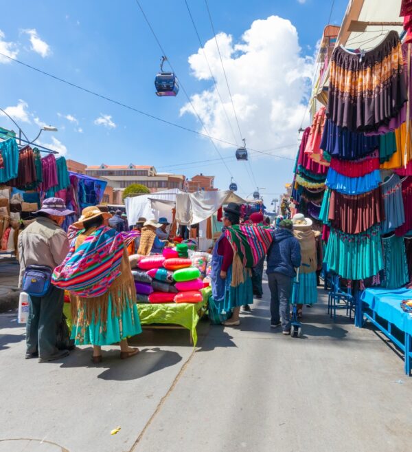 La Paz Bolivia August 22, Traditional clothes used by bolivian women for sale in the big market called 16th July set up in Northern La Paz every Thursday. Shoot on August 22, 2019