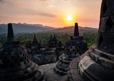 Sunset at Borobudur temple in Indonesia