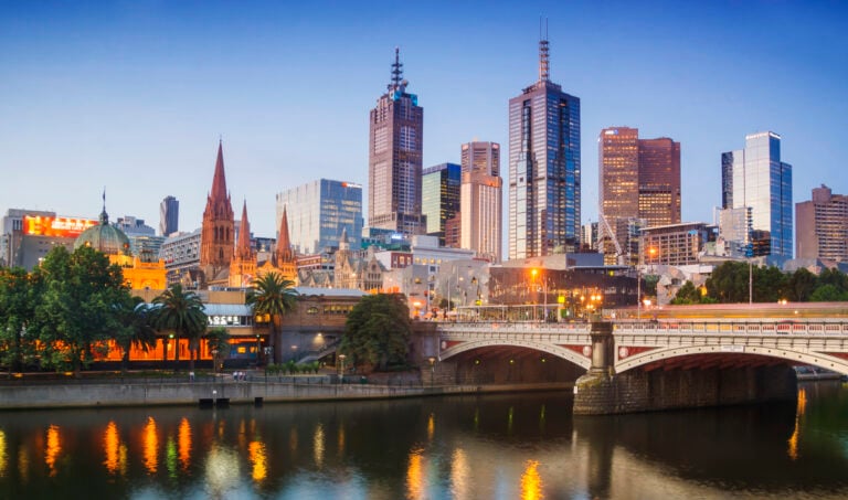 Melbourne's skyline at dusk.