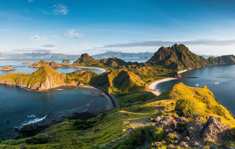 Top view of 'Padar Island', a dramatic spit of mountainous land and arched sandy coves, in a morning from Komodo Island