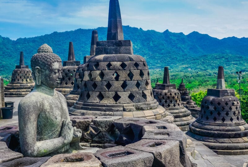 The statue of Buddha on the temple of Borobudur. Indonesia