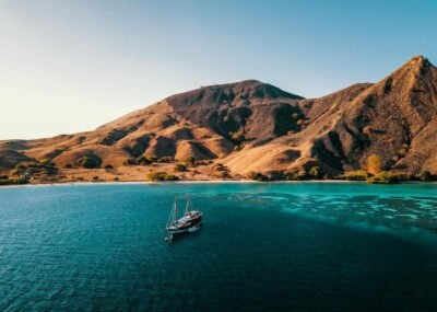 Bird's Eye View of an Dive Boat in front of Komodo Island, Indonesia