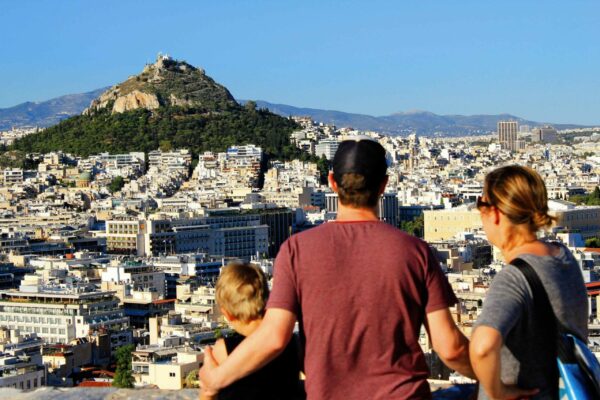 Tourists on Acropolis hill in Athens, Greece