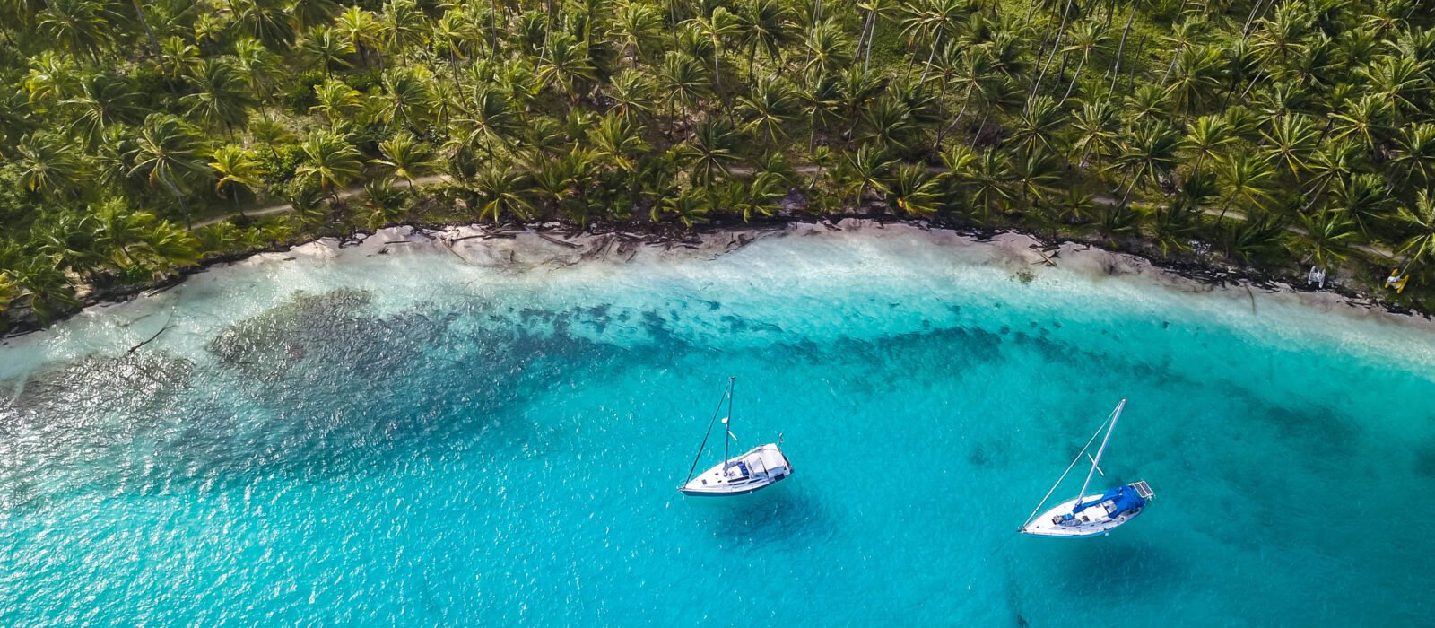 San Blas Islands, Panama - Aerial Drone Top Down View of two Sail boats