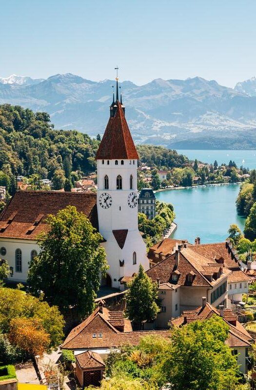 A white church and rooftops in Bern, Switzerland