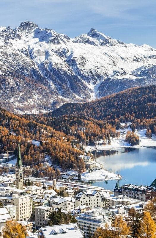 View of St. Moritz covered in snow, Switzerland