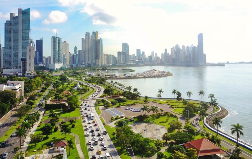 Aerial view of the modern skyline of Panama City , Panama