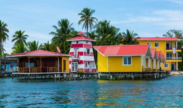 Colourful buildings on a jetty by the sea