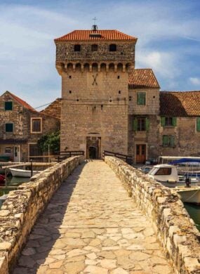 Kastel Gomilica one of seven settlement of town Kastela in Croatia was one of the locations in series Game of Thrones. Historic Kastel Gomilica architecture view near Split, Croatia.