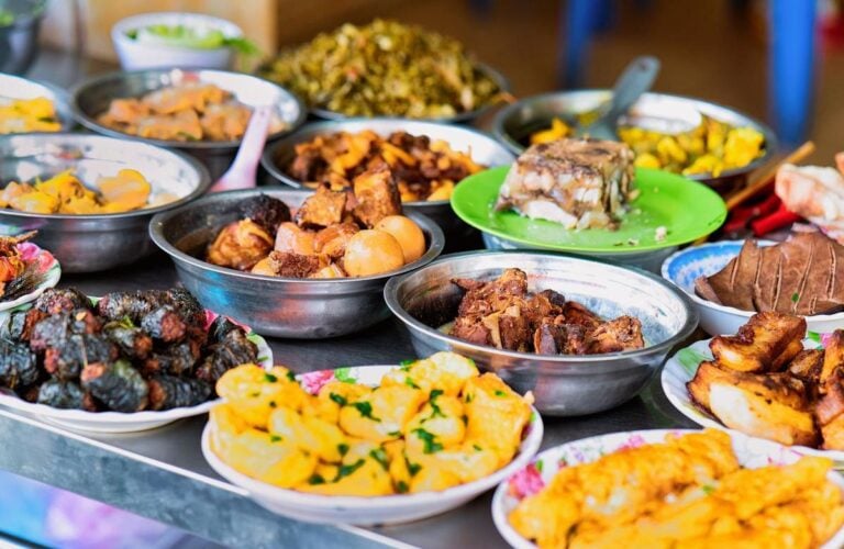 Assortment of Exotic grilled and baked asian food in Hanoi, Vietnam