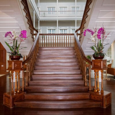 View of interior grand staircase at Central Hotel Panama