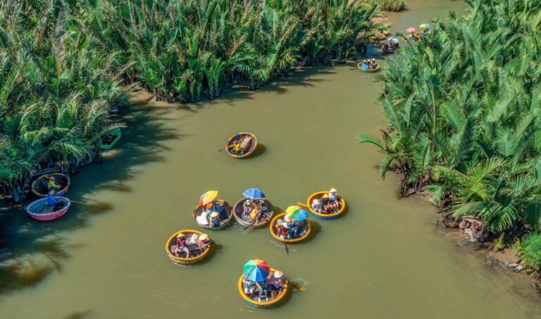 Aerial view of round boats on a river near Hoi An, Vietnam