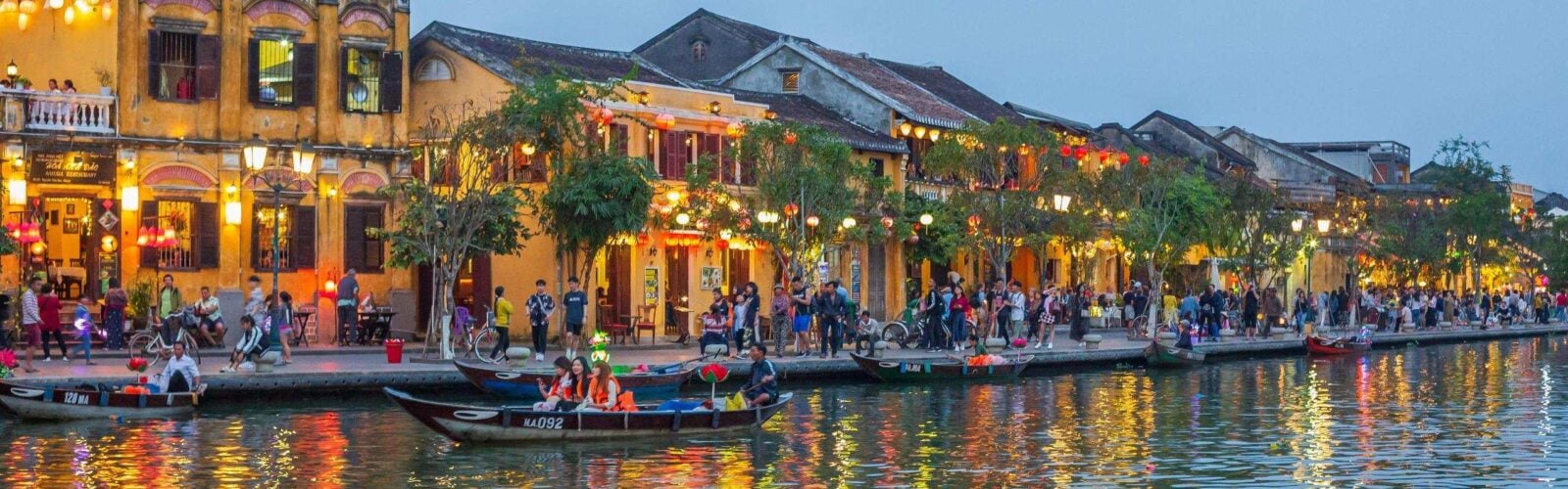 View of yellow houses next to the water in Hoi An Old Town, Vietnam